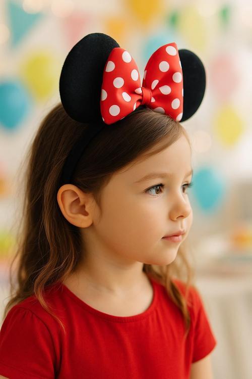 Minnie Mouse Kulaklı Taç – Puantiyeli Kırmızı Fiyonk Partı Kostüm Aksesuarı