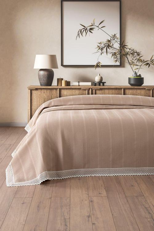 Tek Kişilik İki Renkli Kopanaki Dantelli Petek Pike - Waffle Dokuma -160x230 cm-Kapuçino
