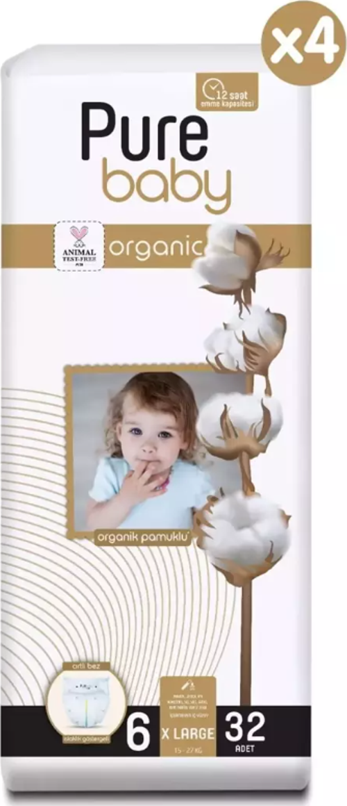 Organik Pamuklu Cırtlı Bez 4'lü Paket 6 Numara Xlarge 128 Adet