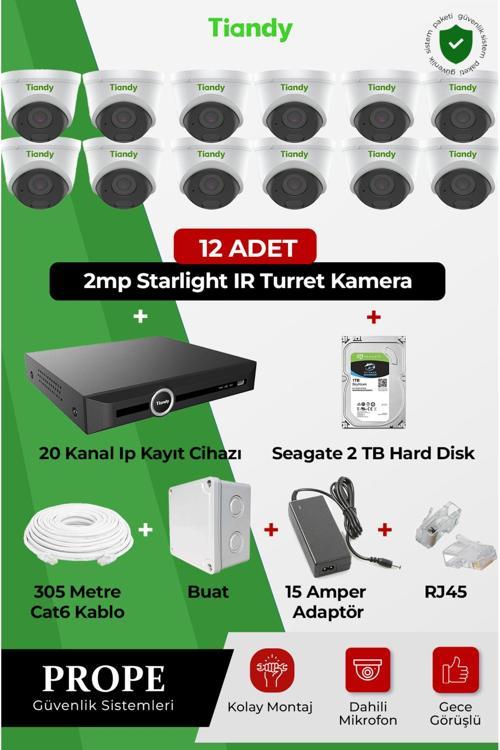 12 Adet 2Mp Starlıght Ir Turret Kamera+2O Kanal Ip Kayıt Cihazı+2Tb Harddısk+Cat6 Kablo+Buat+Rj45