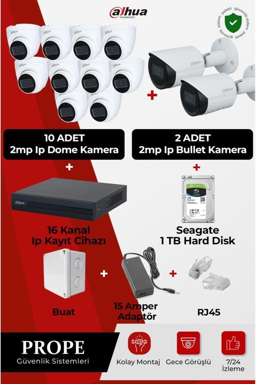 2 Adet 2Mp Ip Kamera Bullet+10 Adet 2Mp Ip Kamera Dome Gece Görüşlü+16 Kanal Ip Kayıt+1Tb Harddısk