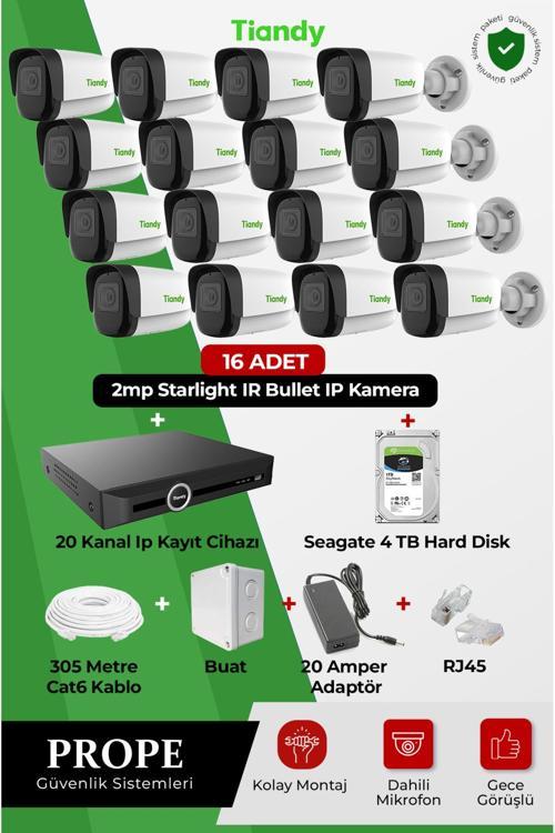 16 Adet 2Mp Starlıght Ir Bullet Kamera+20 Kanal Kayıt Cihazı+4Tb Harddısk+Cat6 Kablo+Buat+Rj45