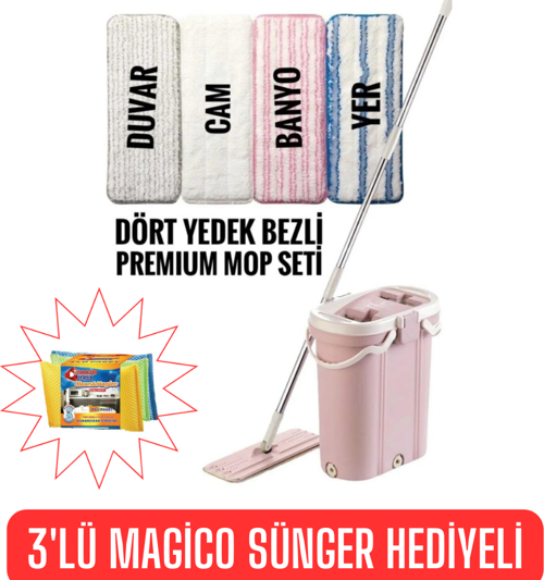 Vipset Premium Tablet Mop 14 Lt 1 4 Lü Yedek Bez Seti + 3'lü Magico sünger (duvar-cam-banyo-yer)