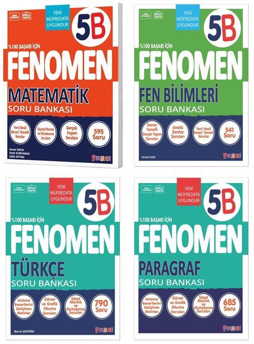 Fenomen Okul 2025 5. Sınıf Matematik + Türkçe + Fen + Paragraf B Serisi Soru Seti 4 Kitap Güncel Müfredat
