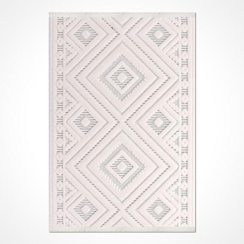 Kayla Beyaz Geometrik Etnik Modern Desenli Hav Vermeyen Leke Tutmayan Kolay Temizlenen Yumuşak Makine Salon Yolluk Mutfak Halı