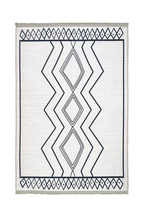 Venlo Geometrik Beyaz Polyester Dikdörtgen Modern Desenli Pamuk Makinada Yıkanabilir Hav Toz Vermez Leke Tutmayan Kaymaz Taban Dijital Makine Baskı Salon Yolluk Mutfak Halı