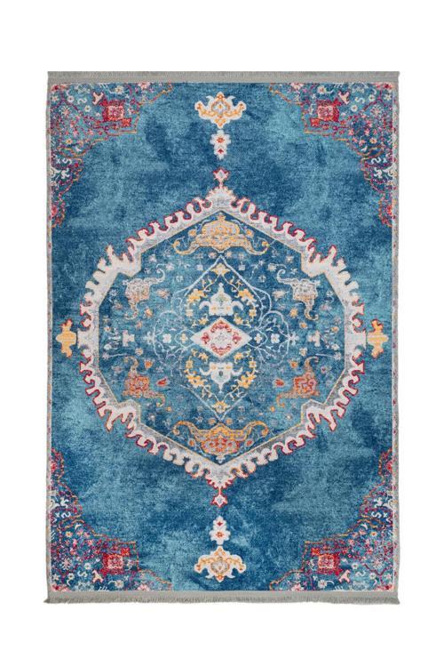 Leiden Göbekli Mavi Polyester Dikdörtgen Modern Desenli Pamuk Makinada Yıkanabilir Hav Toz Vermez Leke Tutmayan Kaymaz Taban Dijital Makine Baskı Salon Yolluk Mutfak Halı