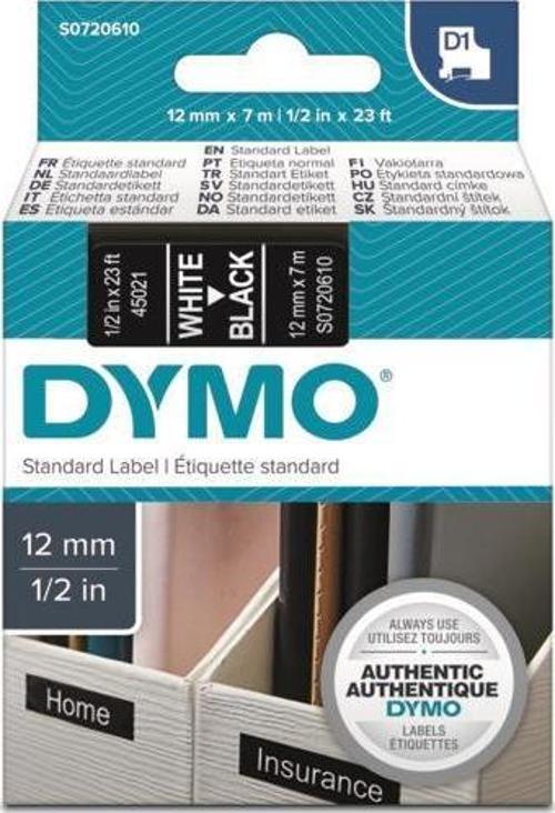 D1 Siyah/Beyaz Yedek Şerit 12mm x 7mt (45021)