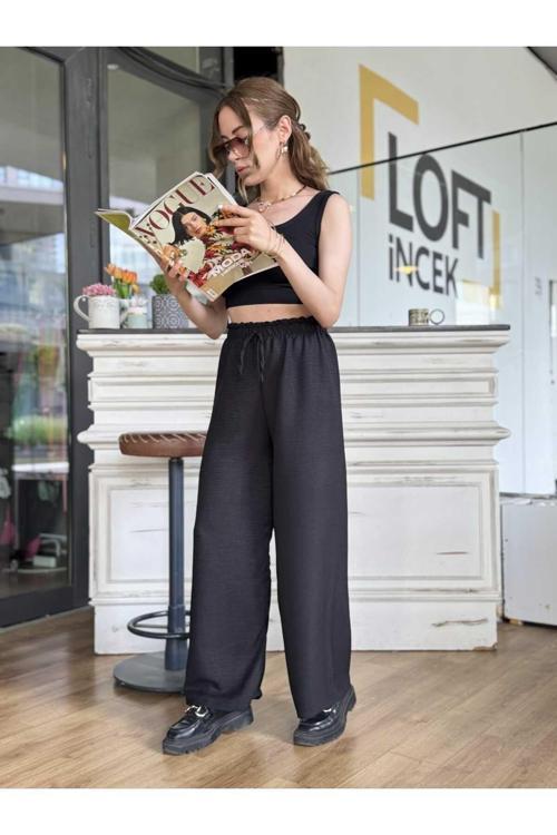 Kadın Beli Lastikl Palazzo Pantolon