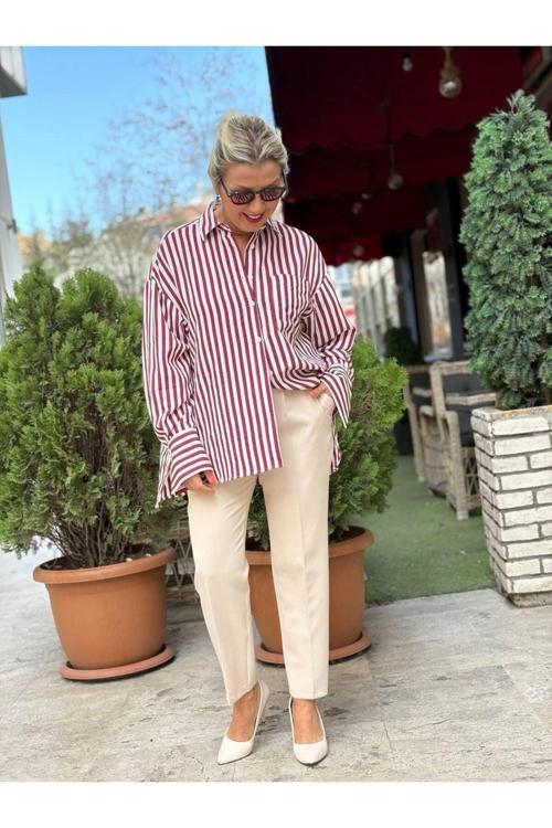 Kadın Çizgili Cep Detaylı Gömlek Bordo