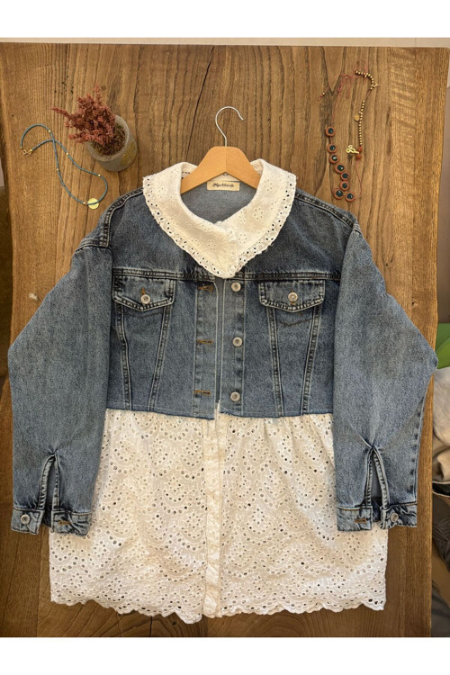 Kadın Dantel Detaylı Jean Görünümlü Özel Tasarım Denim Ceket - Gömlek Yaka