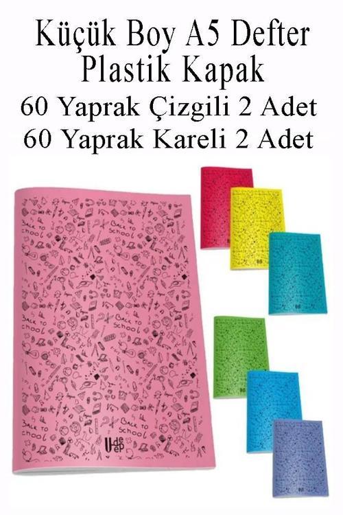 Defter Plastik Kapak A5 60 Yaprak Çizgili 2 Adet ve 60 Yaprak Kareli 2 Adet Küçük Boy Defter
