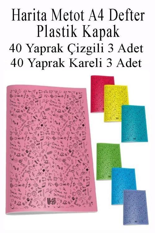 Defter Plastik Kapak A4 40 Yaprak Çizgili 3 Adet ve 40 Yaprak Kareli 3 Adet Harita Metod Defter