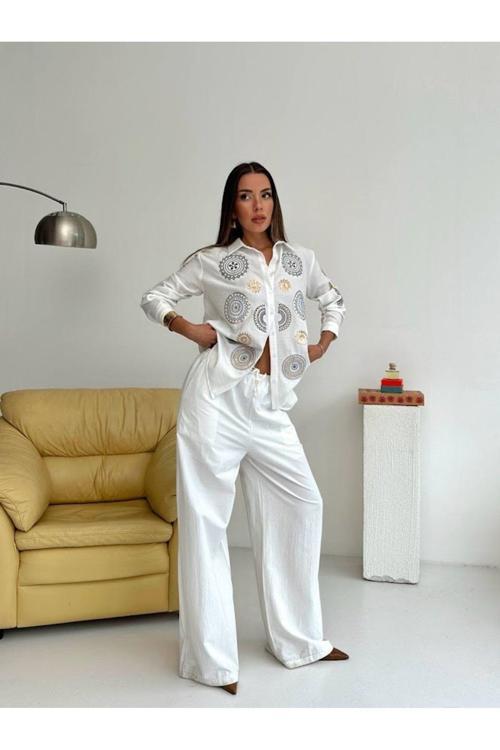 Kadın Pul İşlemeli Keten Gömlek