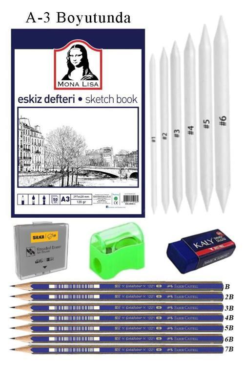 Eskiz Defteri A3 50 Yaprak Karakalem Çizim Seti Gölgelendirme Kalemi Hamur Silgi Faber Castell Dereceli Kalem Hobi Tasar