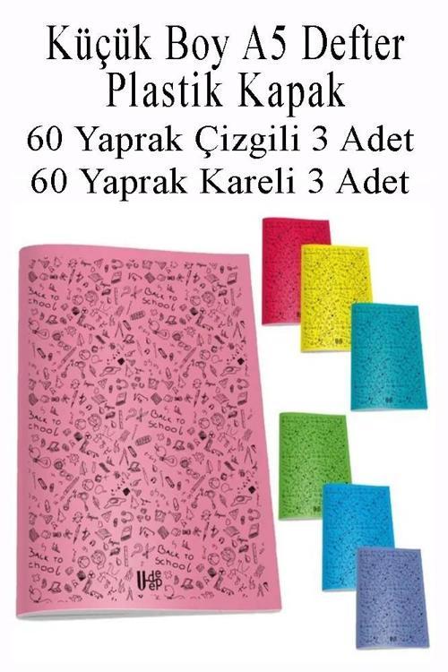 Defter Plastik Kapak A5 60 Yaprak Çizgili 3 Adet ve 60 Yaprak Kareli 3 Adet Küçük Boy Defter