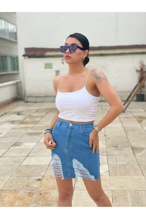 Likralı Yırtık Detaylı Kot Etek