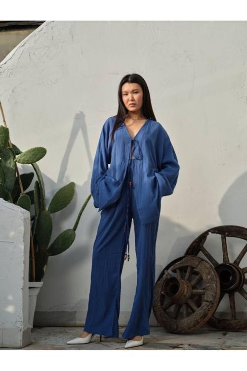 Kadın Mavi Pamuklu Oversıze Alt Üst Takım