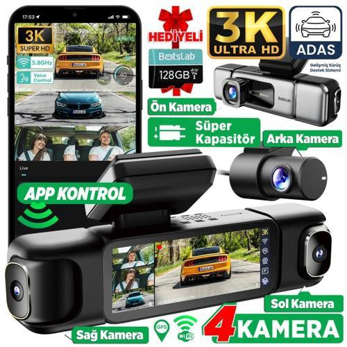 Botslab G980H Pro 3K 4Kameralı Wifi+GPS Akıllı Araç İçi Kamera+150°Geniş Açı+Yaya Algılama+Gece Görüşlü 128GBHEDİYE