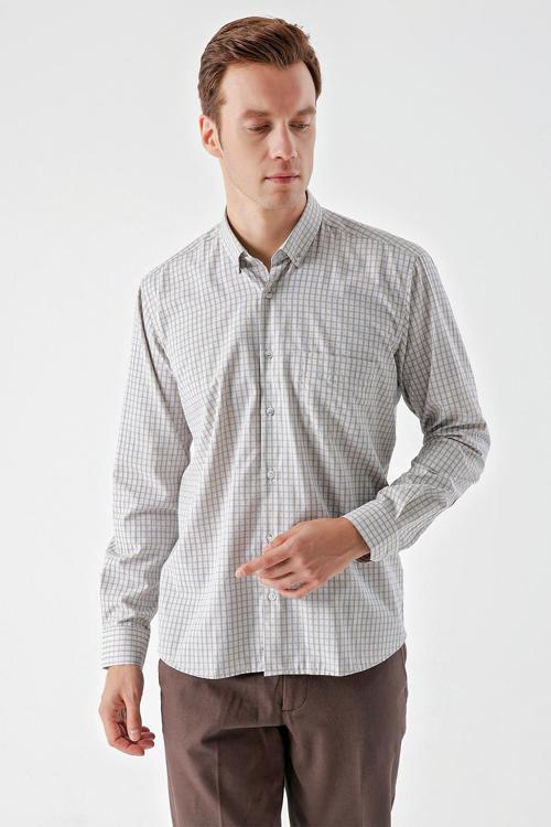 Erkek Bej Trend Ekoseli Cepli Düğmeli Yaka Regular Fit Gömlek