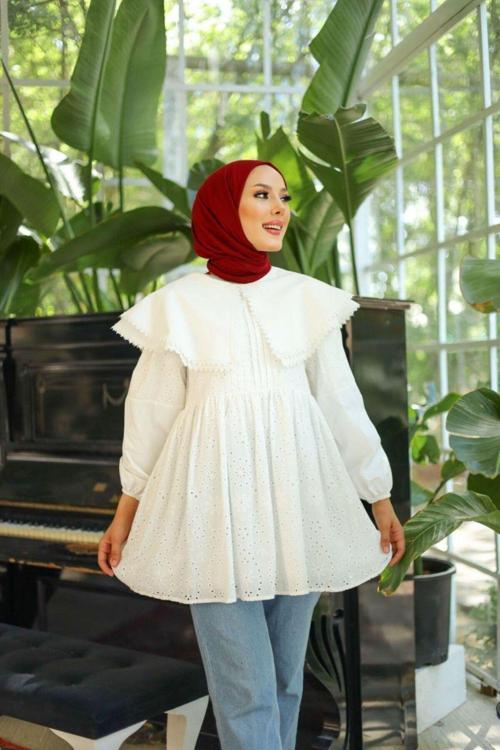 Fırfır Yaka Detaylı Romantik Tesettür Bluz – A Kesim Ve Hacimli Form Dnv-000048