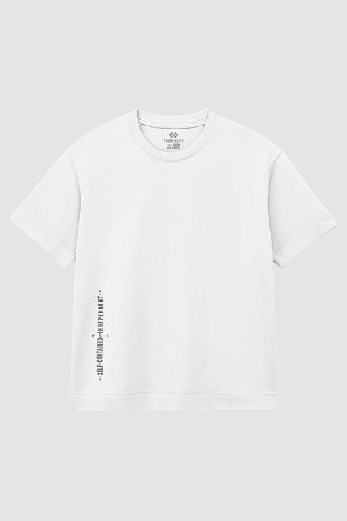 Beyaz Baskılı O Yaka Rahat Form Battal Büyük Beden T-Shirt - 88472