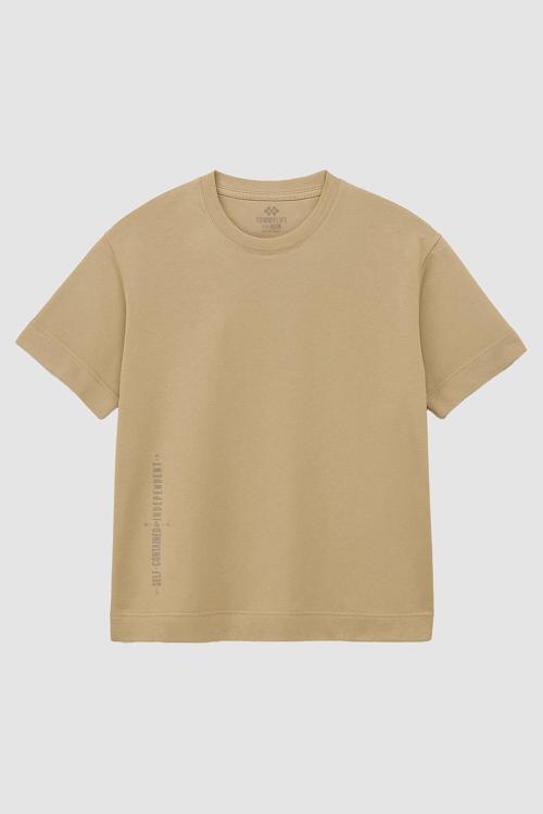 Bej Baskılı O Yaka Rahat Form Battal Büyük Beden T-Shirt - 88472