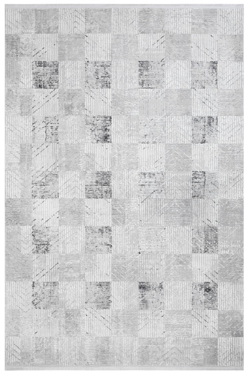 Gri Zeminli Damalı Geometrik Desenli Eskitme Görünümlü Modern Salon Oturma Odası Halısı