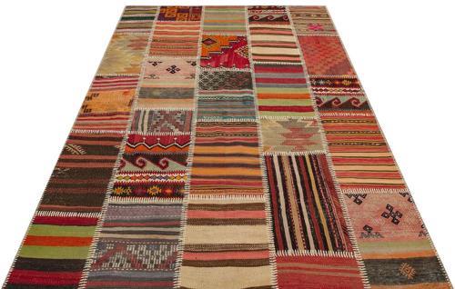 Kırmızı Patchwork Etnik Modern Desenli Yün Hav Toz Vermez Leke Tutmayan Salon Yolluk Mutfak El Dokuma Halı