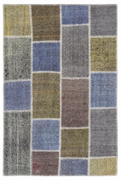 Teselya Gri Patchwork Etnik Modern Desenli Yün Hav Toz Vermez Leke Tutmayan Salon Yolluk Mutfak El Dokuma Halı