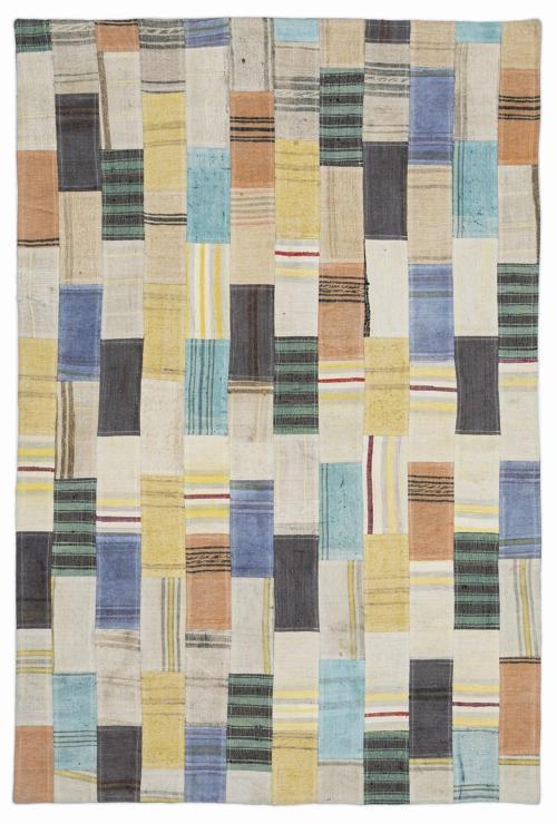 Teselya Bej Patchwork Etnik Modern Desenli Yün Hav Toz Vermez Leke Tutmayan Salon Yolluk Mutfak El Dokuma Halı