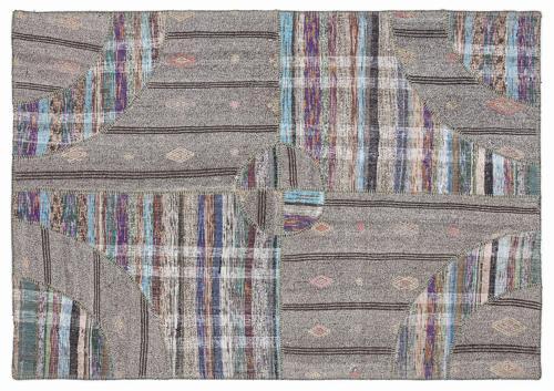 Gri Patchwork Etnik Modern Desenli Yün Hav Toz Vermez Leke Tutmayan Salon Yolluk Mutfak El Dokuma Halı