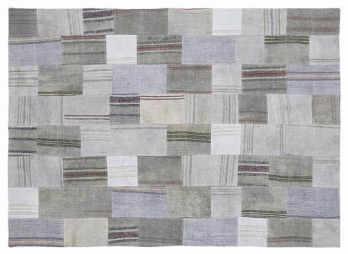 Gri Patchwork Etnik Modern Desenli Yün Hav Toz Vermez Leke Tutmayan Salon Yolluk Mutfak El Dokuma Halı