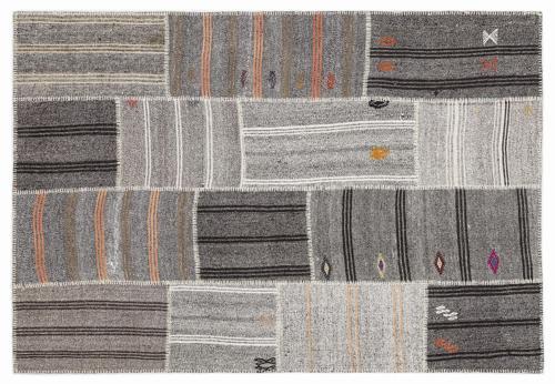 Gri Patchwork Etnik Modern Desenli Yün Hav Toz Vermez Leke Tutmayan Salon Yolluk Mutfak El Dokuma Halı