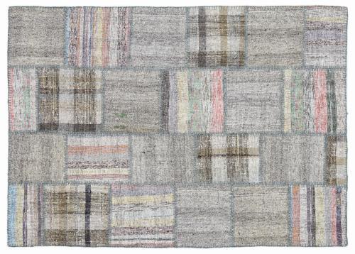 Gri Patchwork Etnik Modern Desenli Yün Hav Toz Vermez Leke Tutmayan Salon Yolluk Mutfak El Dokuma Halı