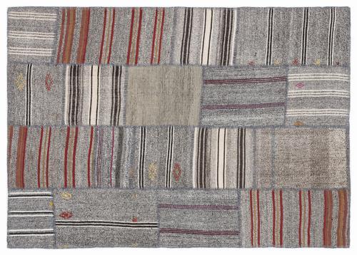 Gri Patchwork Etnik Modern Desenli Yün Hav Toz Vermez Leke Tutmayan Salon Yolluk Mutfak El Dokuma Halı