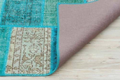 Yeşil Patchwork Etnik Modern Desenli Yün Hav Toz Vermez Leke Tutmayan Salon Yolluk Mutfak El Dokuma Halı