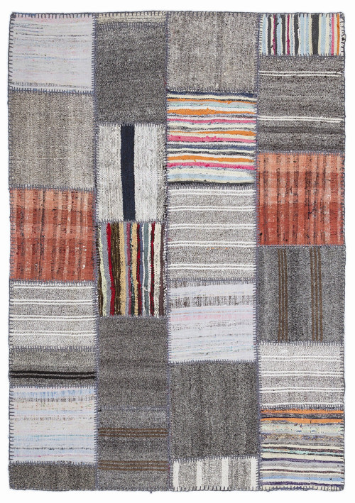 Teselya Gri Patchwork Etnik Modern Desenli Yün Hav Toz Vermez Leke Tutmayan Salon Yolluk Mutfak El Dokuma Halı