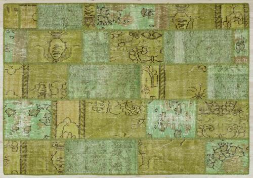 Yeşil Patchwork Etnik Modern Desenli Yün Hav Toz Vermez Leke Tutmayan Salon Yolluk Mutfak El Dokuma Halı