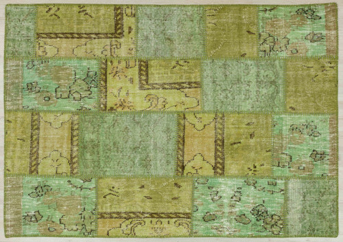Yeşil Patchwork Etnik Modern Desenli Yün Hav Toz Vermez Leke Tutmayan Salon Yolluk Mutfak El Dokuma Halı