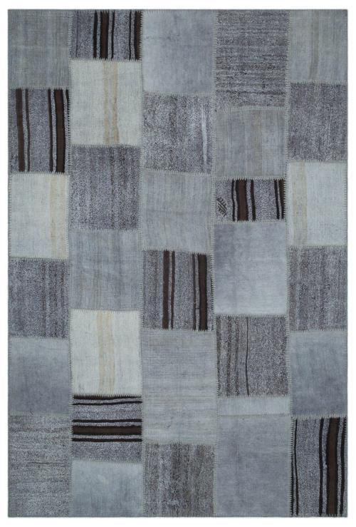 Teselya Gri Patchwork Etnik Modern Desenli Yün Hav Toz Vermez Leke Tutmayan Salon Yolluk Mutfak El Dokuma Halı