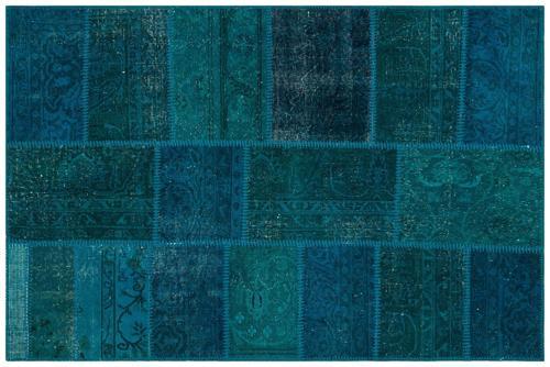 Mavi Patchwork Etnik Modern Desenli Yün Hav Toz Vermez Leke Tutmayan Salon Yolluk Mutfak El Dokuma Halı
