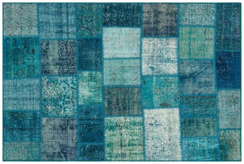 Mavi Patchwork Etnik Modern Desenli Yün Hav Toz Vermez Leke Tutmayan Salon Yolluk Mutfak El Dokuma Halı