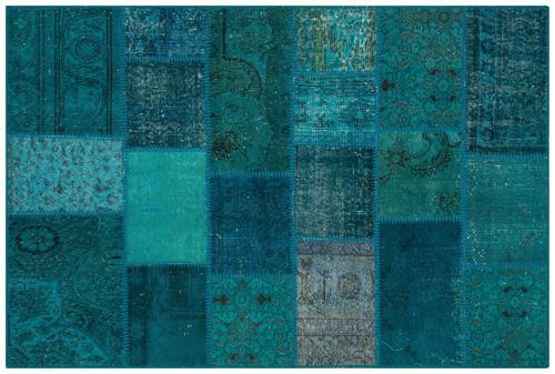 Mavi Patchwork Etnik Modern Desenli Yün Hav Toz Vermez Leke Tutmayan Salon Yolluk Mutfak El Dokuma Halı