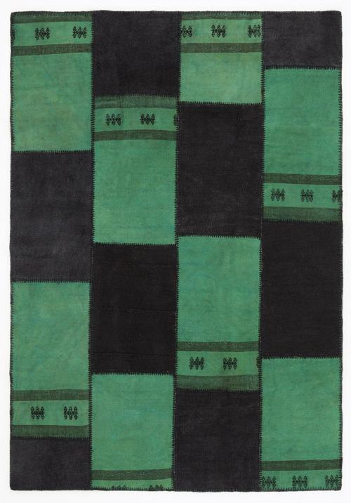 Teselya Yeşil Patchwork Etnik Modern Desenli Yün Hav Toz Vermez Leke Tutmayan Salon Yolluk Mutfak El Dokuma Halı