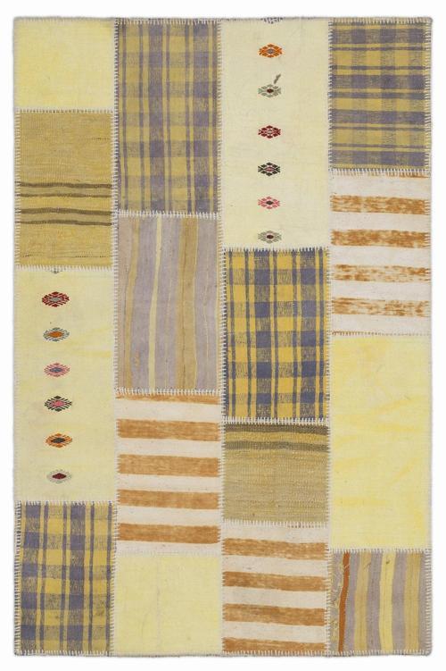 Teselya Sarı Patchwork Etnik Modern Desenli Yün Hav Toz Vermez Leke Tutmayan Salon Yolluk Mutfak El Dokuma Halı