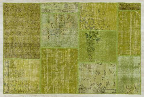 Yeşil Patchwork Etnik Modern Desenli Yün Hav Toz Vermez Leke Tutmayan Salon Yolluk Mutfak El Dokuma Halı