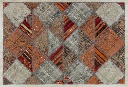 Kahverengi Patchwork Etnik Modern Desenli Yün Hav Toz Vermez Leke Tutmayan Salon Yolluk Mutfak El Dokuma Halı