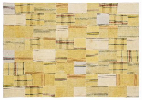 Sarı Patchwork Etnik Modern Desenli Yün Hav Toz Vermez Leke Tutmayan Salon Yolluk Mutfak El Dokuma Halı
