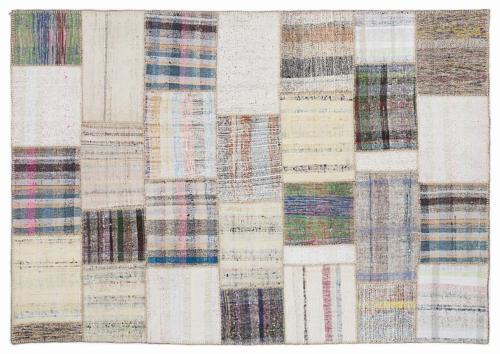 Bej Patchwork Etnik Modern Desenli Yün Hav Toz Vermez Leke Tutmayan Salon Yolluk Mutfak El Dokuma Halı